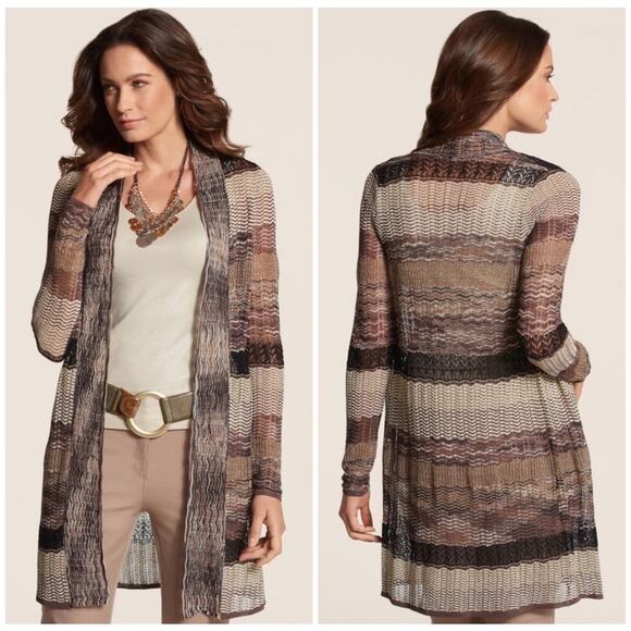 Chico’s Danika Neutral Space Dye Loose Knit Striped Open Cardigan Large - Picture 1 of 9